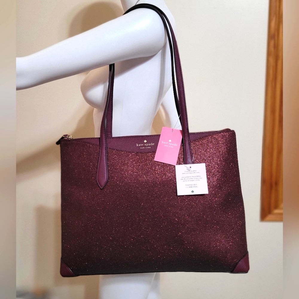 NWT Kate Spade Large Glitter Fabric Tote in Deep Nova burgundy Christmas bag